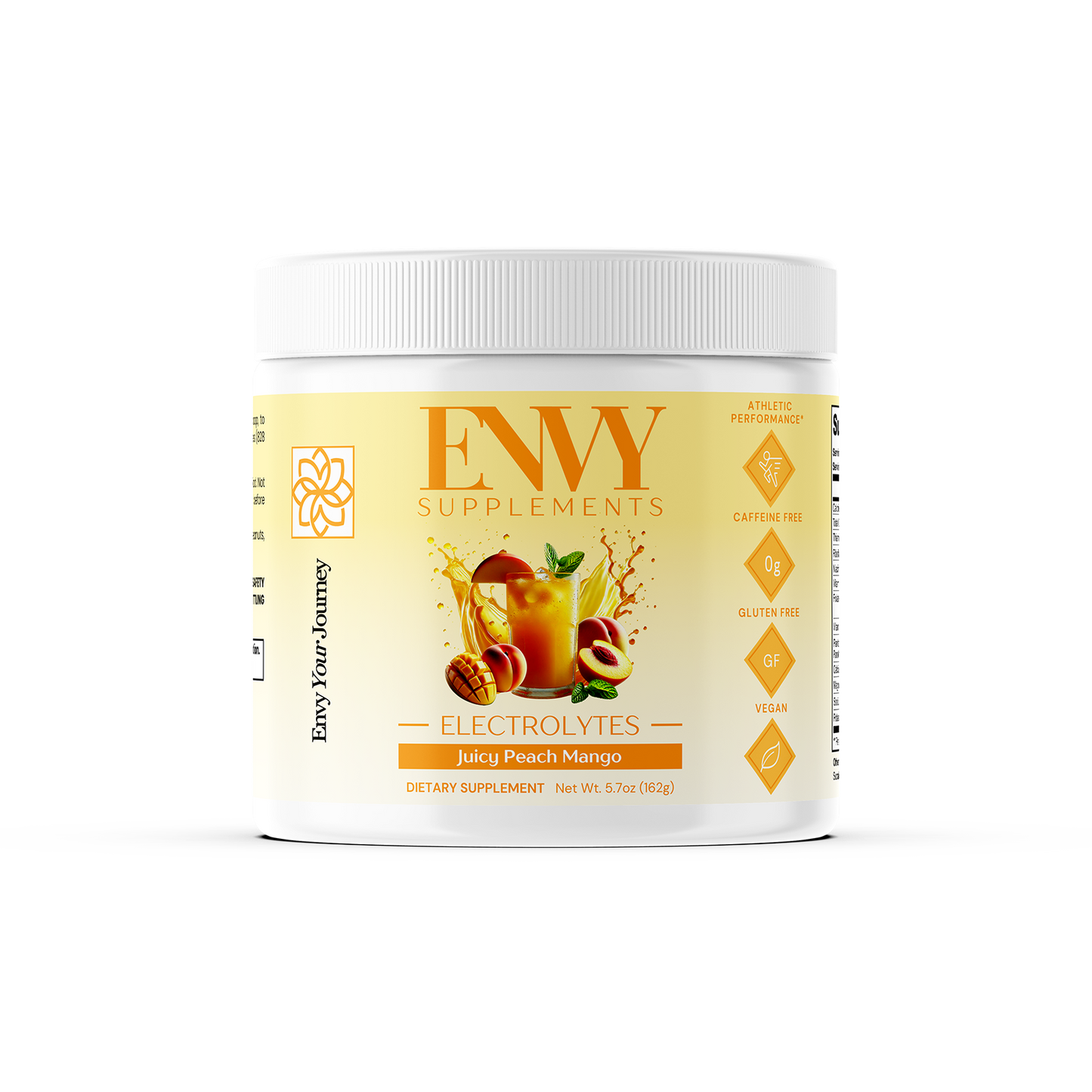 ENVY Supplements jar with peach mango flavor on a white background