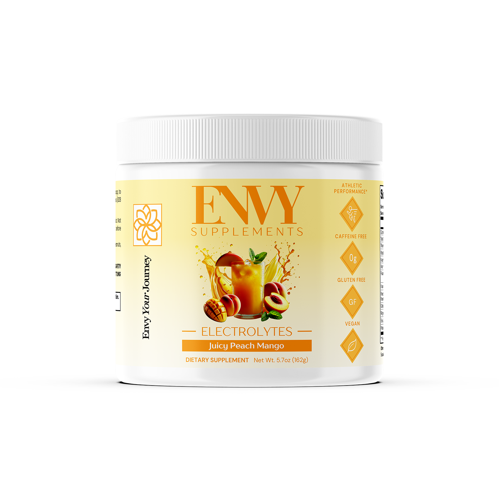 ENVY Supplements jar with peach mango flavor on a white background