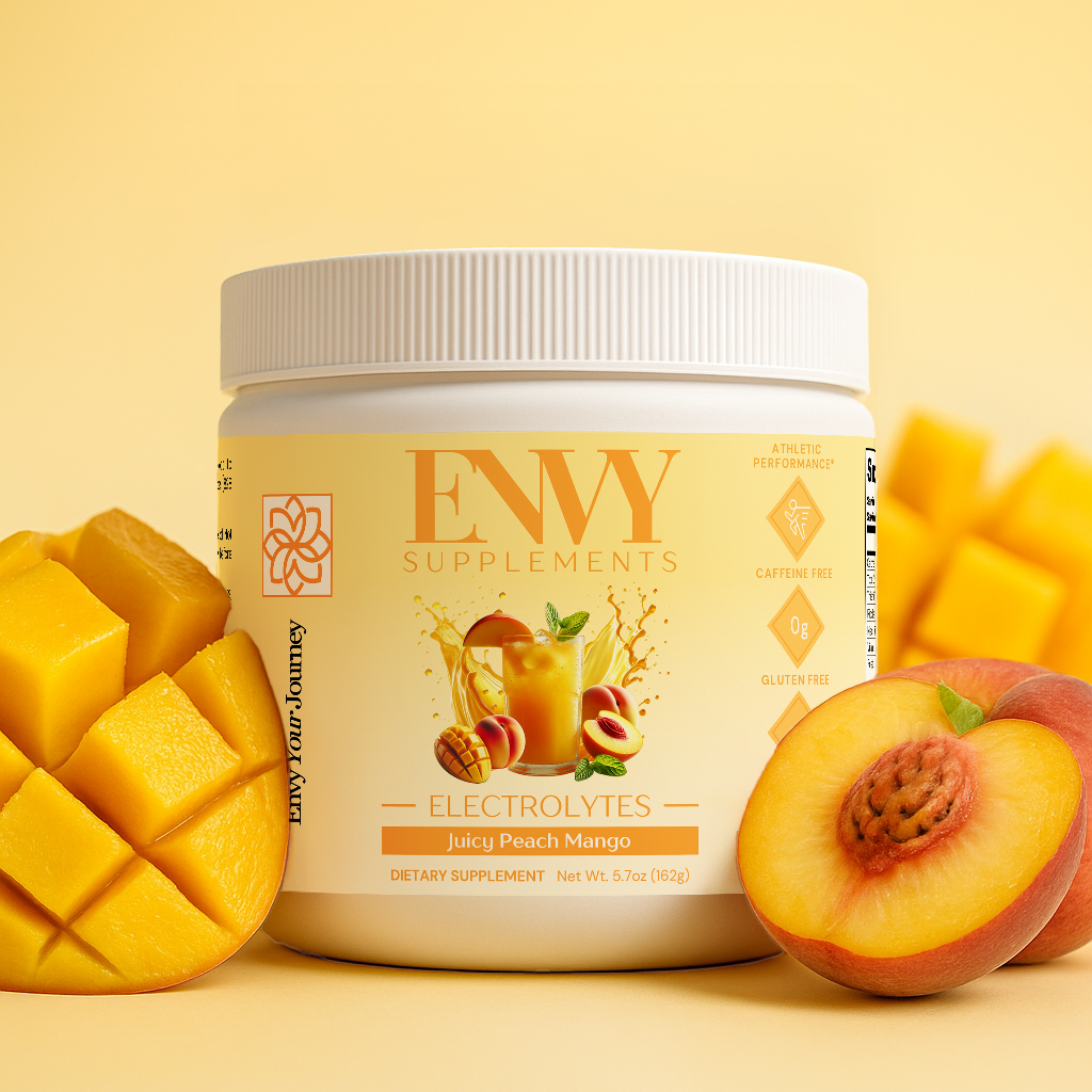 ENVY Supplements jar with mango and peach on a yellow background